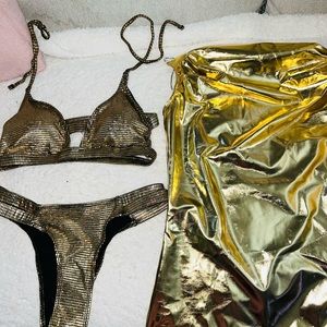 Golden set- black and gold, two-piece bikini and pure gold short party dress